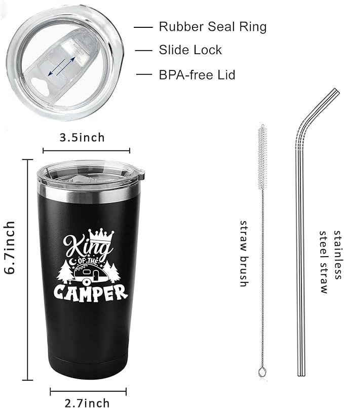 King of the Camper Tumblers with Lids and Straws, Camping RV Stainless Steel Vacuum Insulated Travel Tumbler Cups 20 OZ for Men