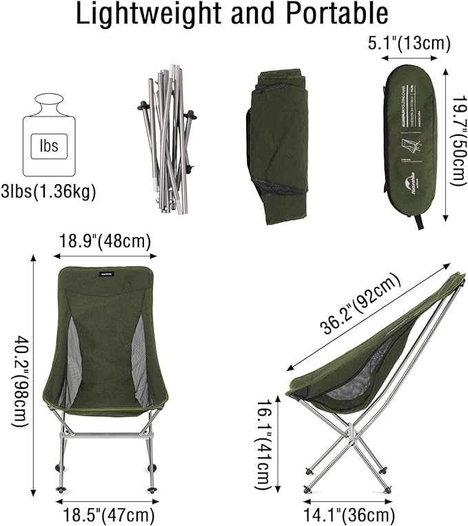 Naturehike Folding Camping Chair, Lightweight High Back Portable Compact Chair, Large Heavy Duty 330lbs for Adults, Hiking Camp Backpacking Festival Travel Beach Picnic Fishing with Storage Bag, Green