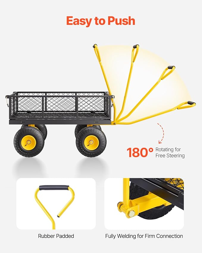 VEVOR Steel Garden Cart, Heavy Duty 500 lbs Capacity, with Removable Mesh Sides to Convert into Flatbed, Utility Metal Wagon with 180° Rotating Handle and 10 in Tires, Perfect for Garden, Farm, Yard