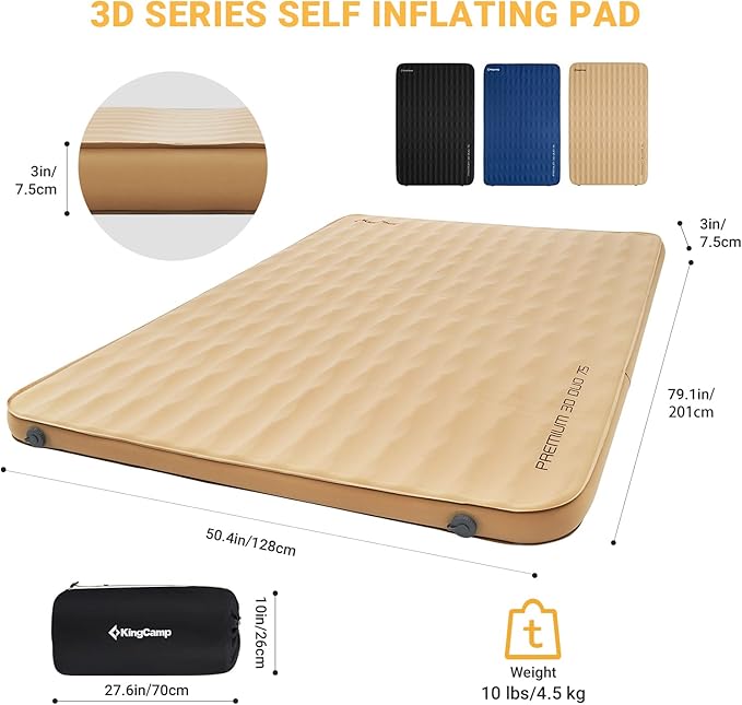 KingCamp Self Inflating Sleeping Pad for Camping Ultra Thick Double Single Foam Mattress High R Value Camping Air Pad Mat, Multi Colors & Sizes