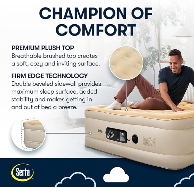 Serta Raised Air Mattress with Never Flat Pump | Luxury Inflatable Mattress with Built in Air Pump to Ensure a Good Night’s Rest | Heavy Duty Blow Up Mattress with Self Inflating Pump