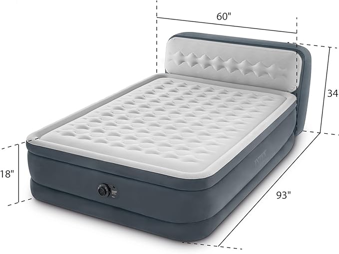 Intex 64447ED Dura-Beam Deluxe Ultra Plush Air Mattress with Headboard: Fiber-Tech – Queen Size – Built-in Electric Pump – 18in Bed Height – 600lb Weight Capacity