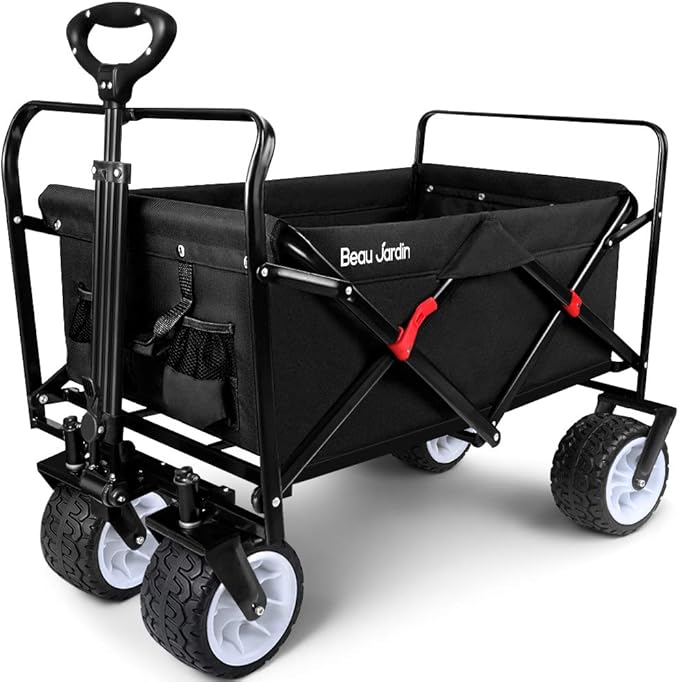 BEAU JARDIN Collapsible Folding Beach Wagon 460lbs Heavy Duty 300L Foldable Utility Garden Grocery Cart with Big All-Terrain Beach Wheels & Drink Holders for Camping Sports Black