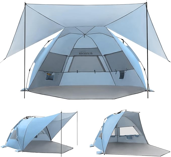 Elegear Beach Tent With 360 Removable Canopy, 4-6 Person Pop Up Sun Shade Shelter, UPF 50+ Automated Installation Double Silver Coating Portable Lightweight Cabana