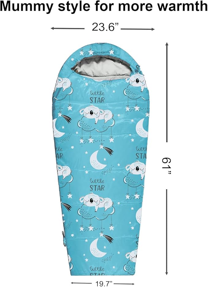 KidzAdventure Mummy Style 32 – 59F Kids Sleeping Bag with Pillow Sleeve, 4 Season, Lightweight and Backpacking Style, Ideal for Camping, Sleepover, Boys, Girls, Youth and Toddlers
