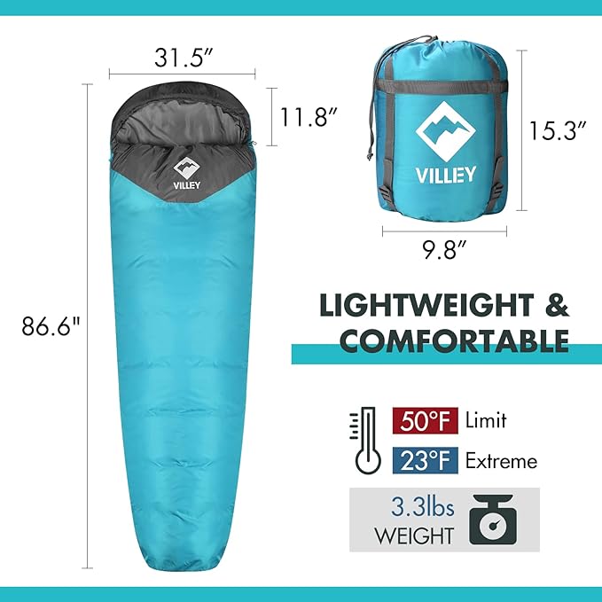 VILLEY Mummy Sleeping Bag, Lightweight Backpacking Sleeping Bag for Adults & Kids, Camping Hiking Equipment for 3-4 Seasons