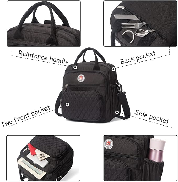 Insulated Lunch Bag Backpack for Women/Men, 3 carrying way Lunch Tote, Large Waterproof Cooler Box with Side pockets for Adults, College, Work, Beach, Picnic, Black