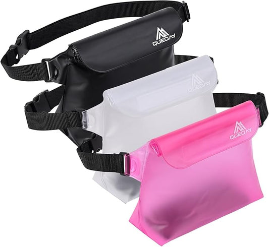 Queday 3-Pack Waterproof Pouch with Waist Strap, Screen Touchable Dry Bag with Adjustable Belt for Phone Valuables for Swimming Snorkeling Boating Fishing Kayaking Black White Pink