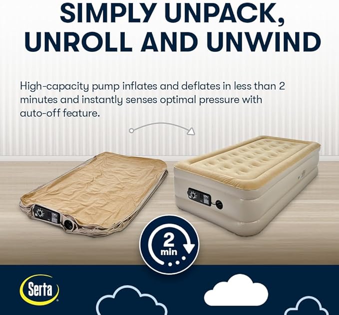 Serta Raised Air Mattress with Never Flat Pump | Luxury Inflatable Mattress with Built in Air Pump to Ensure a Good Night’s Rest | Heavy Duty Blow Up Mattress with Self Inflating Pump