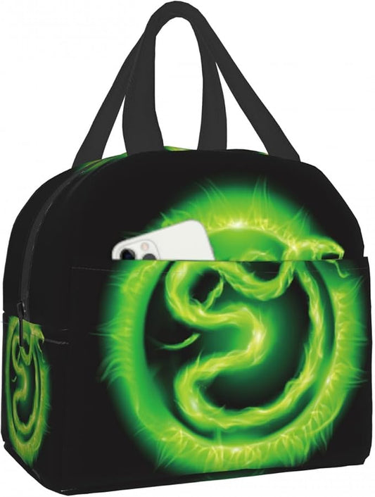 Giwawa Green Fire Snake Lunch Box, Insulated Lunch Cooler Tote Bags for Kids, Reusable Thermal Food Container Handbags for Teens Men Women Picnic Travel