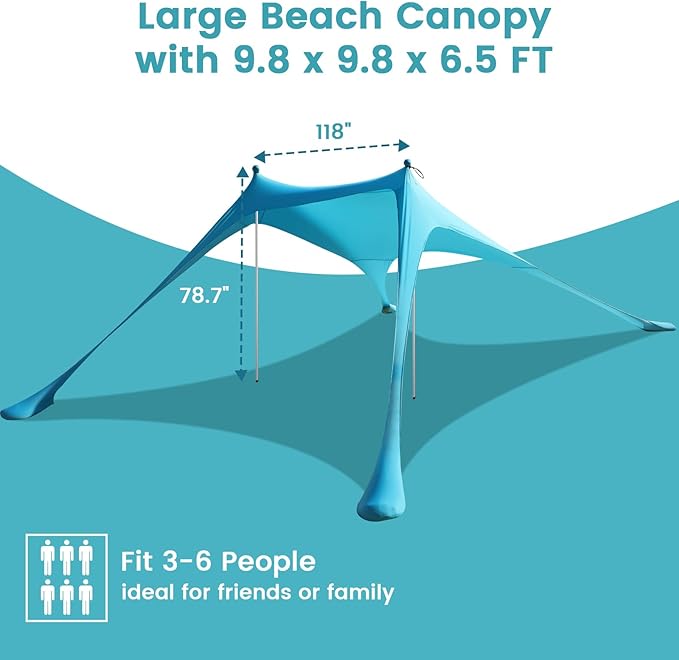 Beach Tent Sun Shelter - 9.8 x 6.5 Ft Beach Canopy UPF50+ UV Protection with Sandbags, Poles, Grond Pegs and Anti-Wind Ropes for Camping, Fishing, Backyard and Picnics