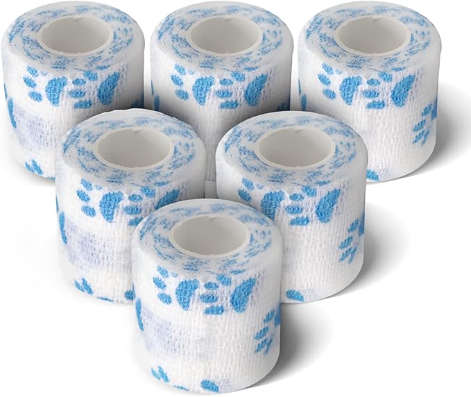 Risen Self Adhesive Bandage Wrap 6 Pack,2”x 5 Yards Medical Tape for Christmas Gifts,Gauze Rolls First Aid Vet Wrap Adherent Bandages for Sports,Dogs Pet (White Paw)