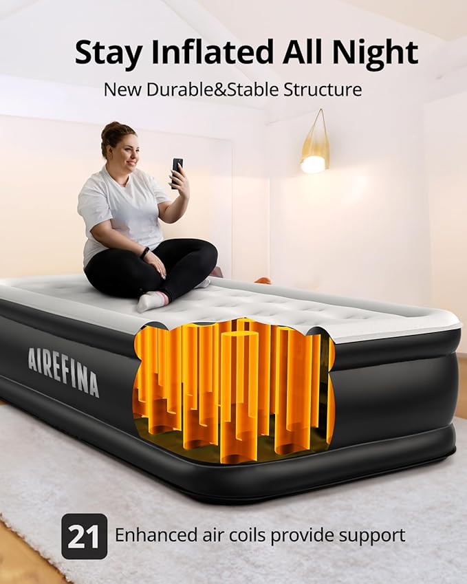 Airefina Twin Air Mattress with Built-in Pump, 18" Comfort Inflatable Mattress Quick Inflation/Deflation for Guests Home Camping Twin Blow Up Mattress with Carry Bag, Air Bed, Colchones Inflables