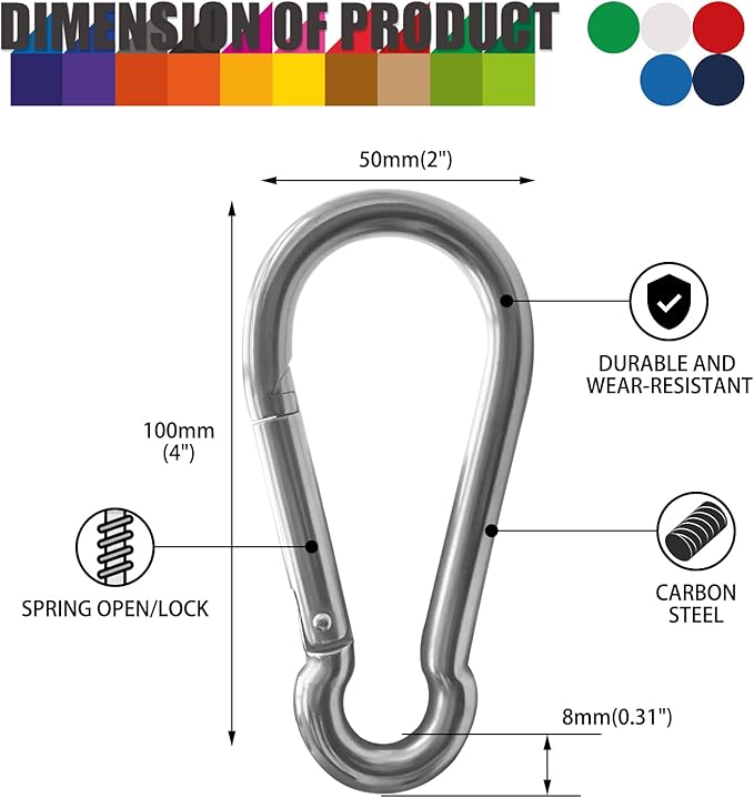 60 Pack Heavy Duty Carabiners, 3/8” Spring Snap Hook Carabiner for Heavy Uses, 4-Inch Snap Hooks Large Carabiners Clips Chain Links Safety Buckle Connector for Swing Hammock Fitness Gym Outdoor Indoor