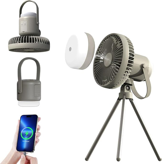 Camping Fan with Removable Lantern, 8000mAh Battery Powered Fan with Hook, Tripod, Outdoor Rechargeable Fan Adjustable 3 Speeds Small Portable Tent Fan for Car Fishing Office Sleep