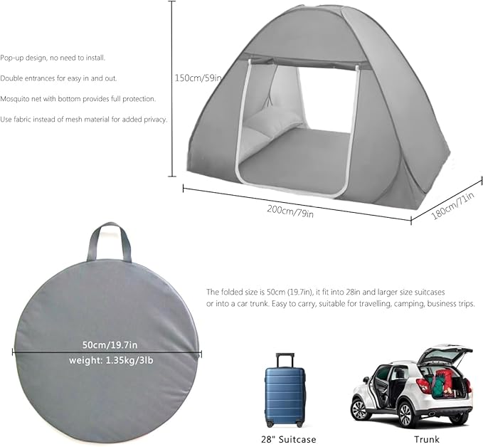 Mosquito Net for Bed, Folded Size 12 inch Portable Camping Travel Mosquito Net, Pop Up Mosquito Tent with Double Entry for King Queen Size Bed (Folded 20 Inch Grey, 71"x79"x59")