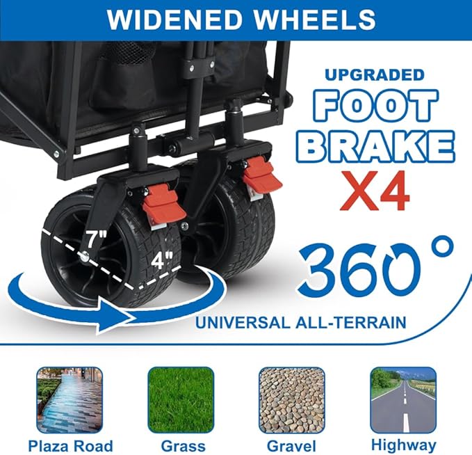Collapsible Wagon with Removable Canopy, 3-in-1 Heavy Duty Garden Cart with Big All-Terrain Wheels, Brakes, Adjustable Push Pull Handle, Cooler Bag, 300LBS Wagon Cart for Camping (Black)