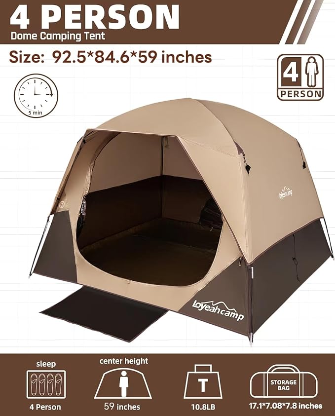 4 Person Blackout Camping Tent, Easy Setup Waterproof Family Dome Tent for Camping with Rainfly, Portable Double Layer Large Family Tent for Outdoor Camping&Hiking
