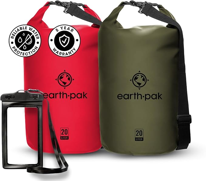 Earth Pak Waterproof Dry Bag - Roll Top Waterproof Backpack Sack Keeps Gear Dry for Kayaking, Beach, Rafting, Boating, Hiking, Camping and Fishing with Waterproof Phone Case