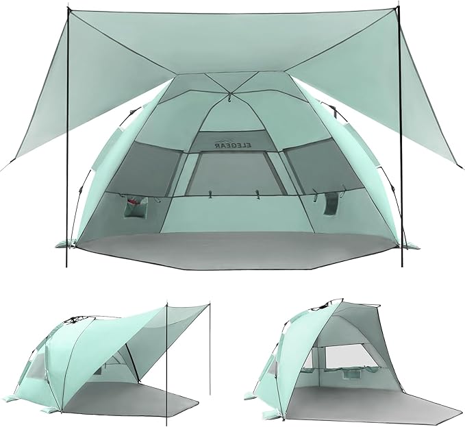Elegear Beach Tent With 360 Removable Canopy, 4-6 Person Pop Up Sun Shade Shelter, UPF 50+ Automated Installation Double Silver Coating Portable Lightweight Cabana
