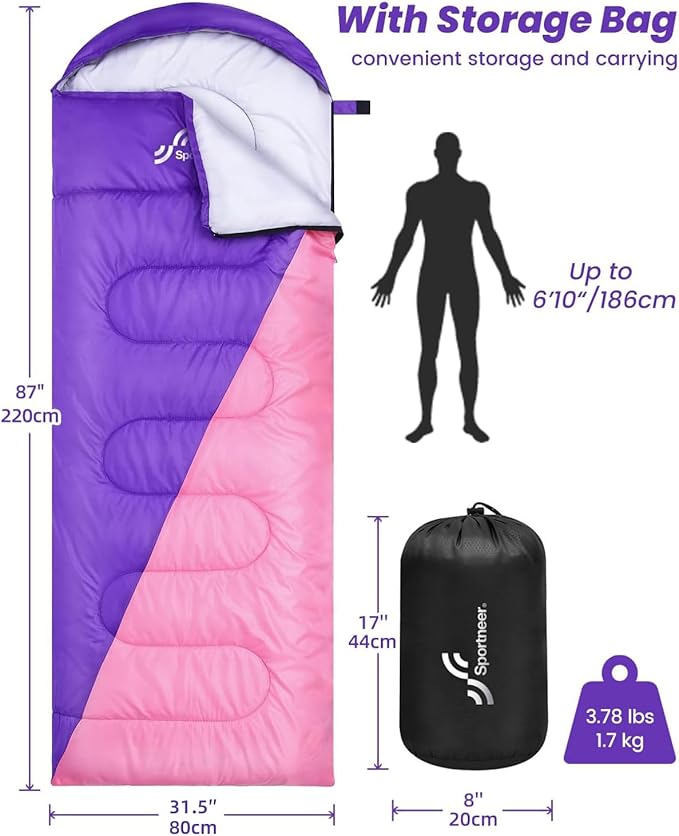 Sportneer Sleeping Bags for Adults, Warm & Cold Weather Sleeping Bag for Adults Kids Boys Girls - Lightweight Compact Camping Gear Equipment, Traveling, Backpacking, Hiking