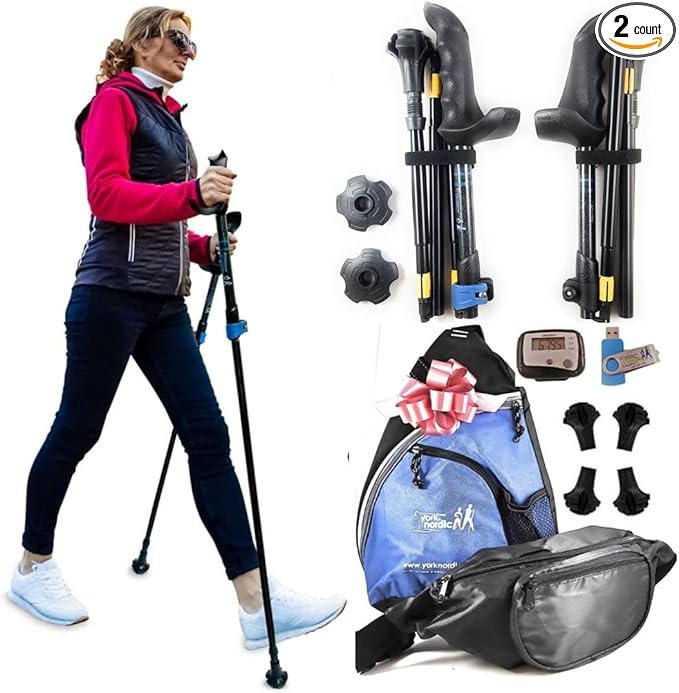 York Nordic 5 Piece Travel Walking Pole Gift Set - Folding Travel Poles, Training Videos, Water Bottle, Pedometer, Travel Bag, and Accessories