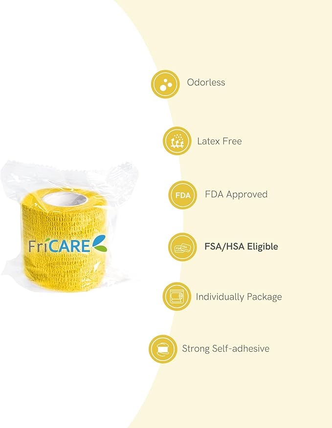 FriCARE Self Adhesive Bandage Wrap, Medical Tape in First Aid Kit, Cohesive Bandages for Wounds Sport Vet, FSA/HSA Eligible, 2 Inches X 5 Yards 6 Rolls, Yellow