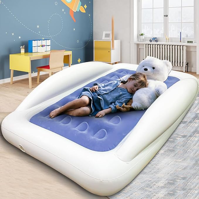 Inflatable Kids Travel Bed Toddler Air Mattress Set,Portable Blow Up Mattress Sleeping Bed Cot with Bed Rails and Electric Pump Ideal for Road Trip