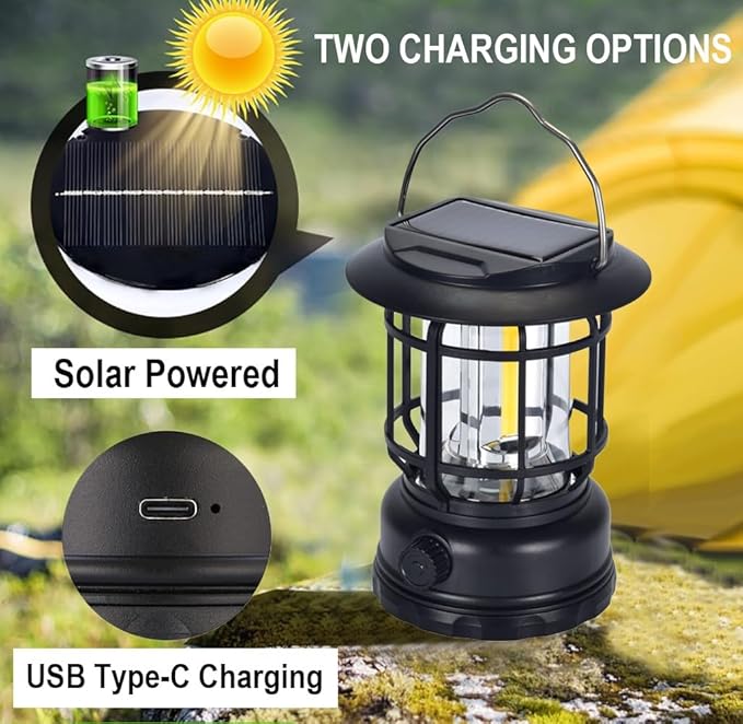 Solar Camping Lantern, USB Rechargeable Retro Dimmable Horse Camp Lamp Outdoor IPX4 Waterproof Vintage Portable Tent Light for Indoor Outages Hiking Emergency, Black