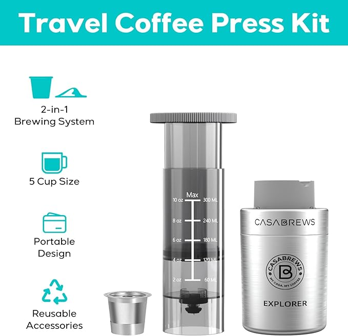 CASABREWS KP3000 Portable Coffee Maker, 2 in 1 Small Travel Coffee Machine for K Cup Pod or Ground Coffee, Quick Coffee Press Kit with Stainless Steel Cup, Cup Lid, Straw and Storage Bag
