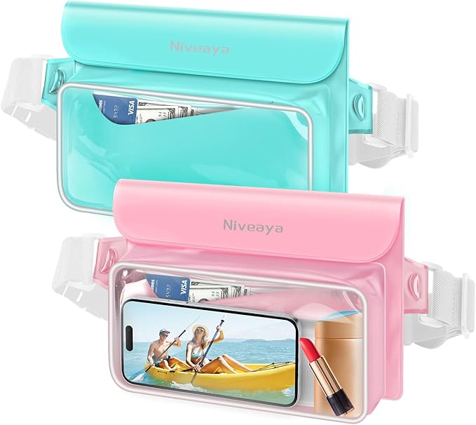 Niveaya IP68 Waterproof Fanny Pack - 2 Pack, Floating Dry Bag Pouch, Phone Waterproof Waist Pouch Dry Bag, Beach, Kayaking, Swimming, Boat Essentials, for iPhone 16/15/14/13/12 Pro Max up to 9.5"