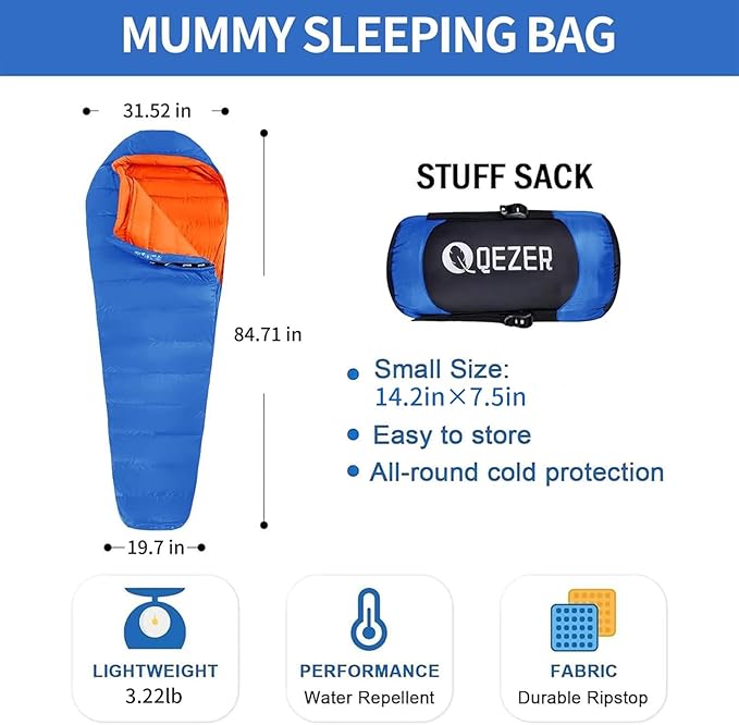 Down Sleeping Bag for Adults 0°F 10°F 15°F 20°F Backpacking Sleeping Bag for Cold Weather with Compression Sack