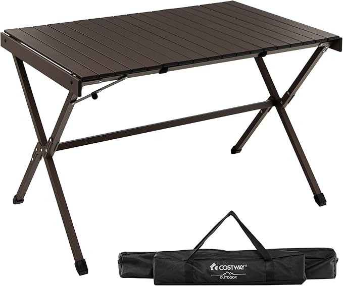 COSTWAY Portable Picnic Table, 28’’ x 43’’ Roll-Up Aluminum Beach Table with Carry Bag for 4-6 Person, Folding Camping Table with Sturdy X-Shaped Frame (Brown)