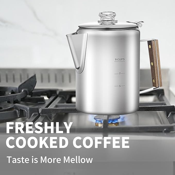 Coffee Percolator with 100pcs Coffee Filters - 9 Cups | Durable Stainless Steel Material Camping Coffee Pot| Brew Coffee On Fire, Grill or Stovetop | Ideal for Home, Camping