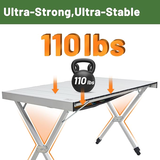 TIMBER RIDGE Folding Camping Table Adjustable Height, 4-6 Person Lightweight Aluminum Roll-up Table for Camping Outdoor Picnic BBQ Backyard Party Support 220 lbs, Silvery