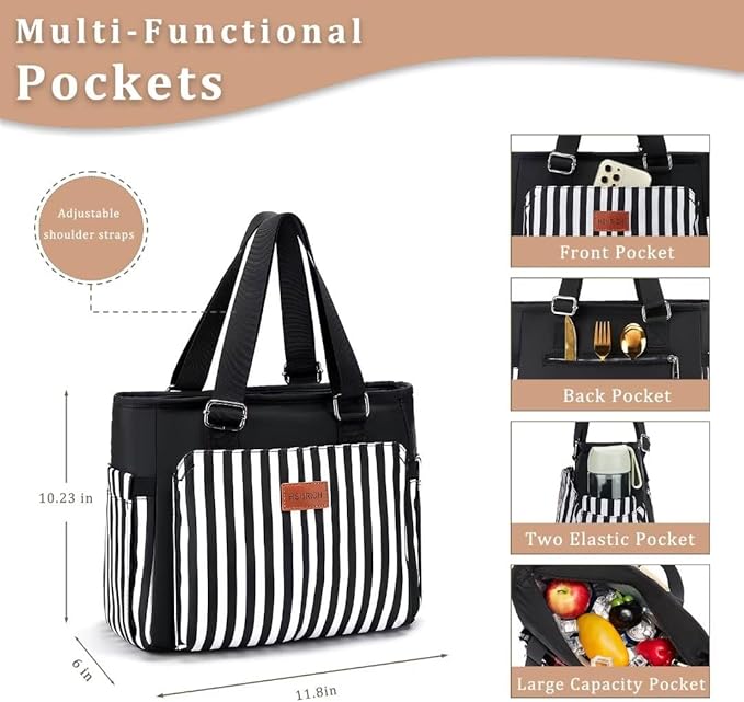 Large Women Lunch Bags for Work/Insulated Adult Lunch Box for Women/Leakproof Cooler Lunch Tote Bag with Storage Pocket. Reusable Lunch Cooler Purse for Work Picnic Hiking 12L, Black Stripes