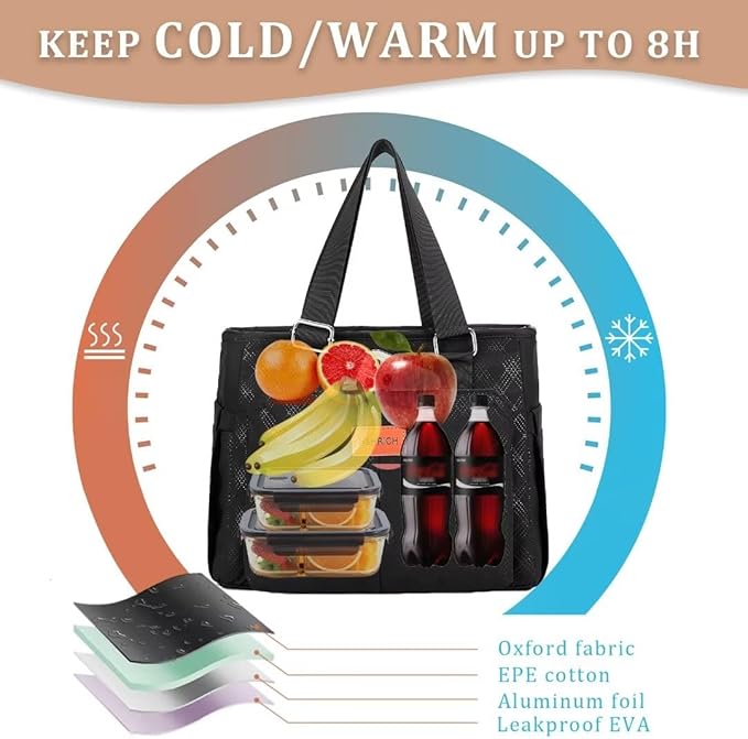 Large Women Lunch Bags for Work/Insulated Cooler Lunch Box with Side Pockets, 14L Capacity, Black