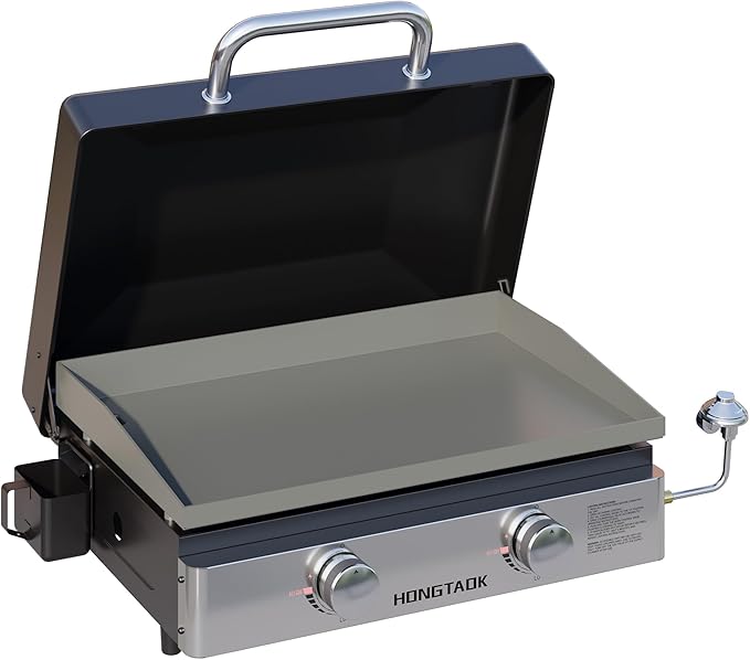 23 Inch Portable Propane Gas Grill with Lid & Stainless Steel Front Plate, Propane Table Top Griddle for Outdoor, Cooking, BBQ, Camping, 2 Burners