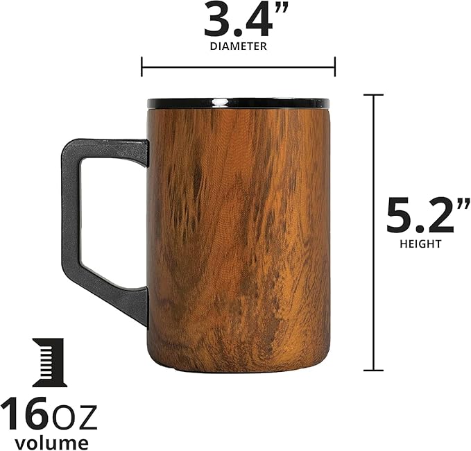 Elemental Insulated Coffee Mug - Triple-Wall Stainless Steel Summit Travel Cup for Hot and Cold Drinks - Thermal Coffee Mug with Lid and Handle for Camping, Office & Travel 16oz - Teakwood