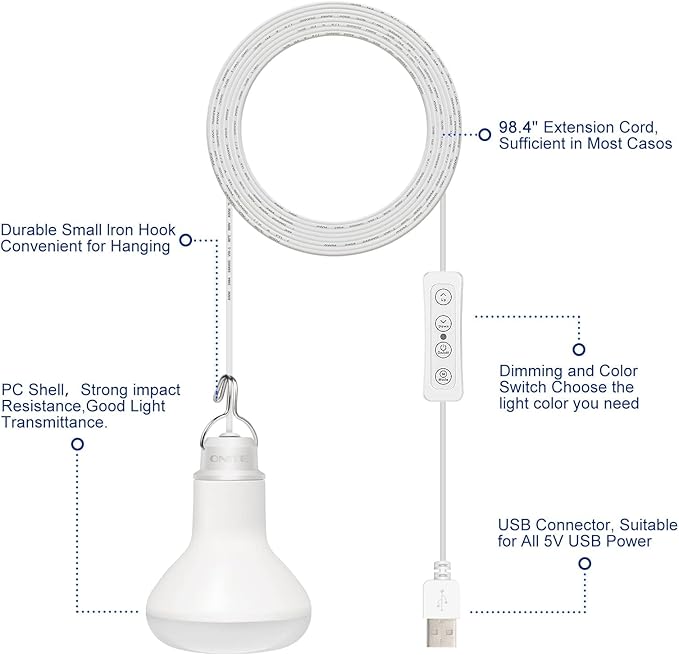 Onite USB LED Light Bulb for Portable Power Station/Solar Panels, Yellow/Amber/Warm/White Dimmable Emergency Lights for Power Outages/Camping/BBQ/Backyard
