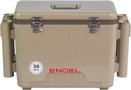 Engel UC30 30qt Leak-Proof, Air Tight, Fishing Drybox Cooler with Built-in Fishing Rod Holders, Also Makes The Perfect Hard Shell Lunchbox for Men and Women in White