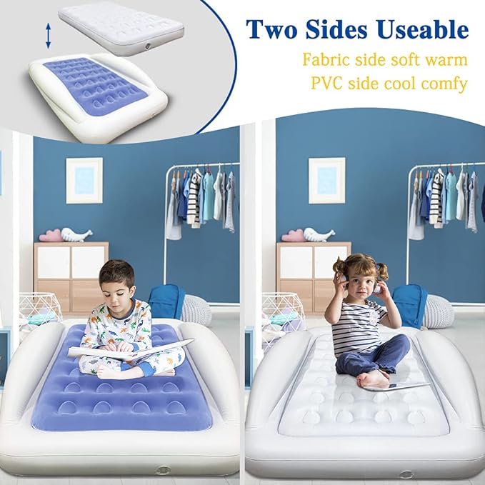 Inflatable Kids Travel Bed Toddler Air Mattress Set,Portable Blow Up Mattress Sleeping Bed Cot with Bed Rails and Electric Pump Ideal for Road Trip