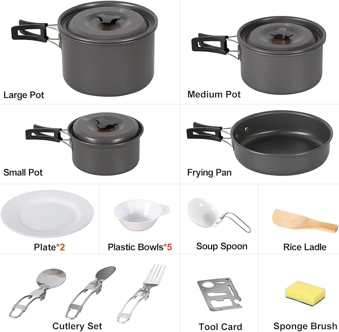 REDCAMP 12/14/15/19 PCS Camping Cookware Mess Kit Camping Gear Campfire Utensils Lightweight Stackable Pot Pan Bowls Soup Spoon with Storage Bag for Camping, Backpacking, Outdoor Cooking, Picnic