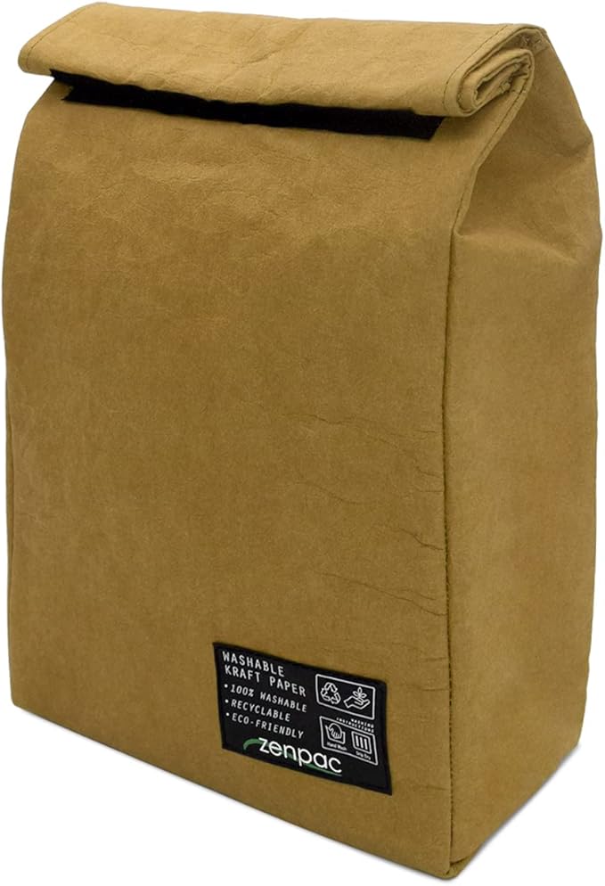 ZENPAC Small Brown Lunch Bag, Reusable & Washable Kraft, Leakproof Sack for Work, School, Picnic, Food, Beverages, Snacks, Travel, 8.5x4.5x12