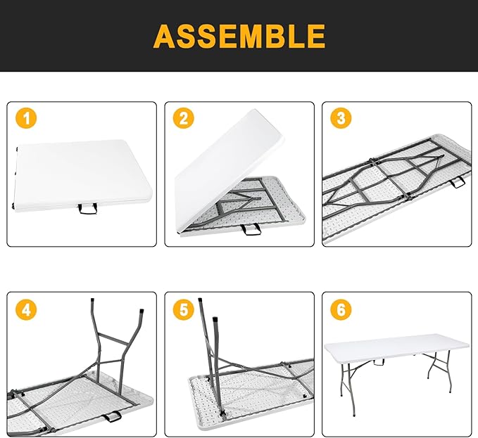 70.8" W X 29" D X 29" H - 6 ft Folding Table White Portable Heavy Duty Plastic Fold-in-Half Utility Foldable Table for Camp，Picnic & Party