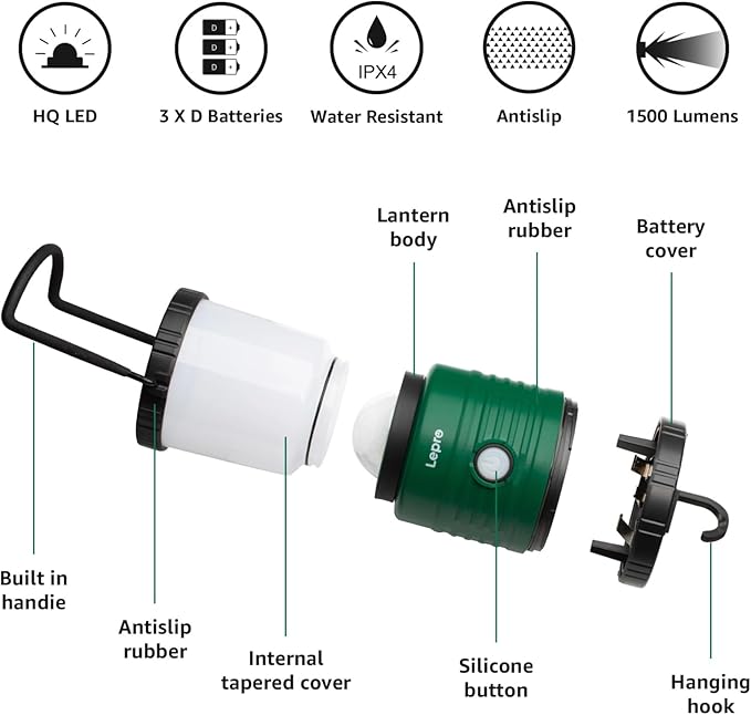 Lepro Camping Lantern, Battery Powered LED with 1500LM, 4 Light Modes, Waterproof Tent Light, Lantern Flashlight for Hurricane, Emergency Light, Survival Kit, Storms, Outages, Fishing, Hiking