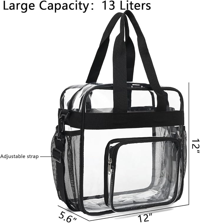 FlowFly Clear Bag for Stadium Events With Shoulder Strap for Women, Men, Large and Reusable Lunch Container, Work and Sporting Events, Travel 12x6x12 Clear Tote Bag, Clear#Black
