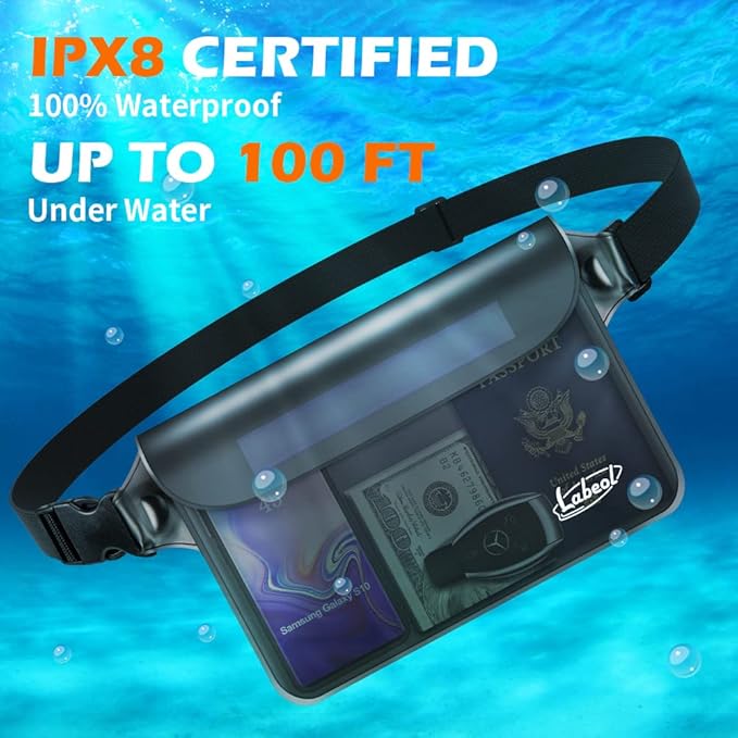 Labeol Waterproof Fanny Pack, 2 PCS Waterproof Pouch with Waist Strap, Fanny Pack to Keep Phone and Valuables Dry for Swimming Kayaking Boating Snorkeling