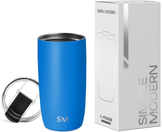 Simple Modern Travel Coffee Mug Tumbler with Flip Lid | Reusable Insulated Stainless Steel Cold Brew Iced Coffee Cup Thermos | Gifts for Women Men Him Her | Voyager Collection | 16oz | Supersonic Blue
