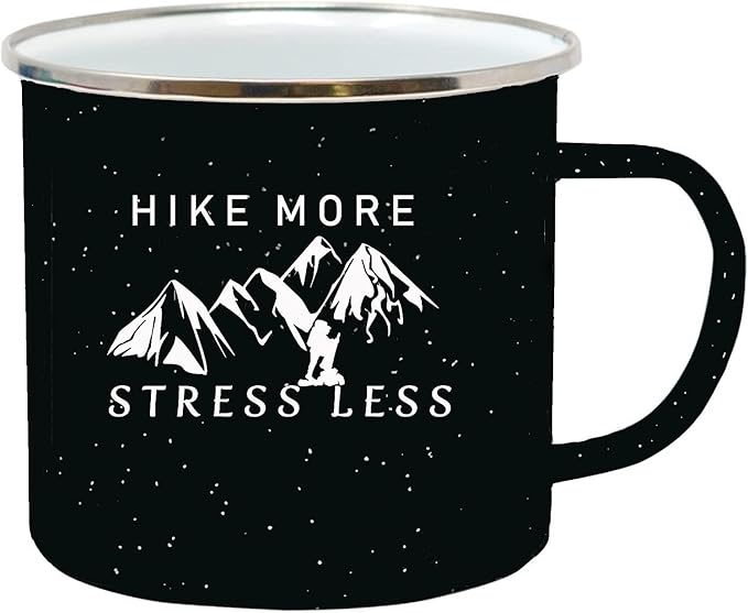 Rogue River Tactical Funny Black Large Camp Mug Enamel Camping Coffee Cup Gift Hike More Stress Less Camping Gear